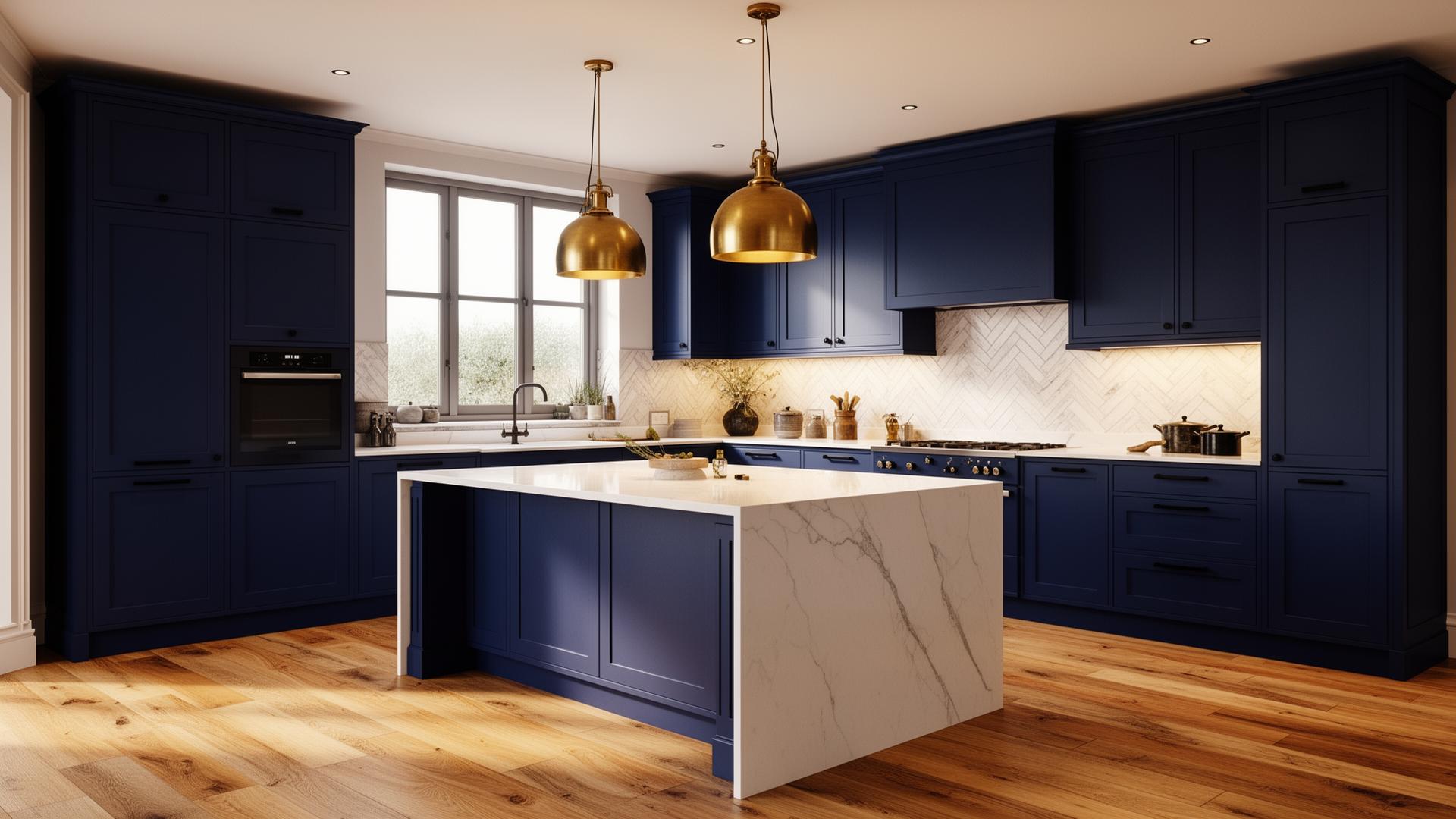 Refinished modern navy cabinets with marble countertops